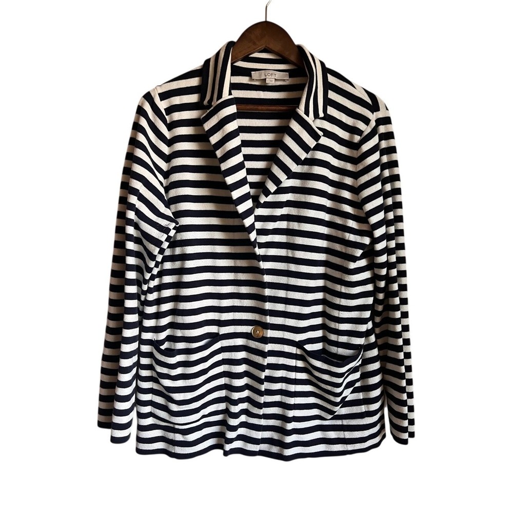 LOFT Navy White Striped Knit Blazer Womens Large Cotton Preppy Nautical Coastal